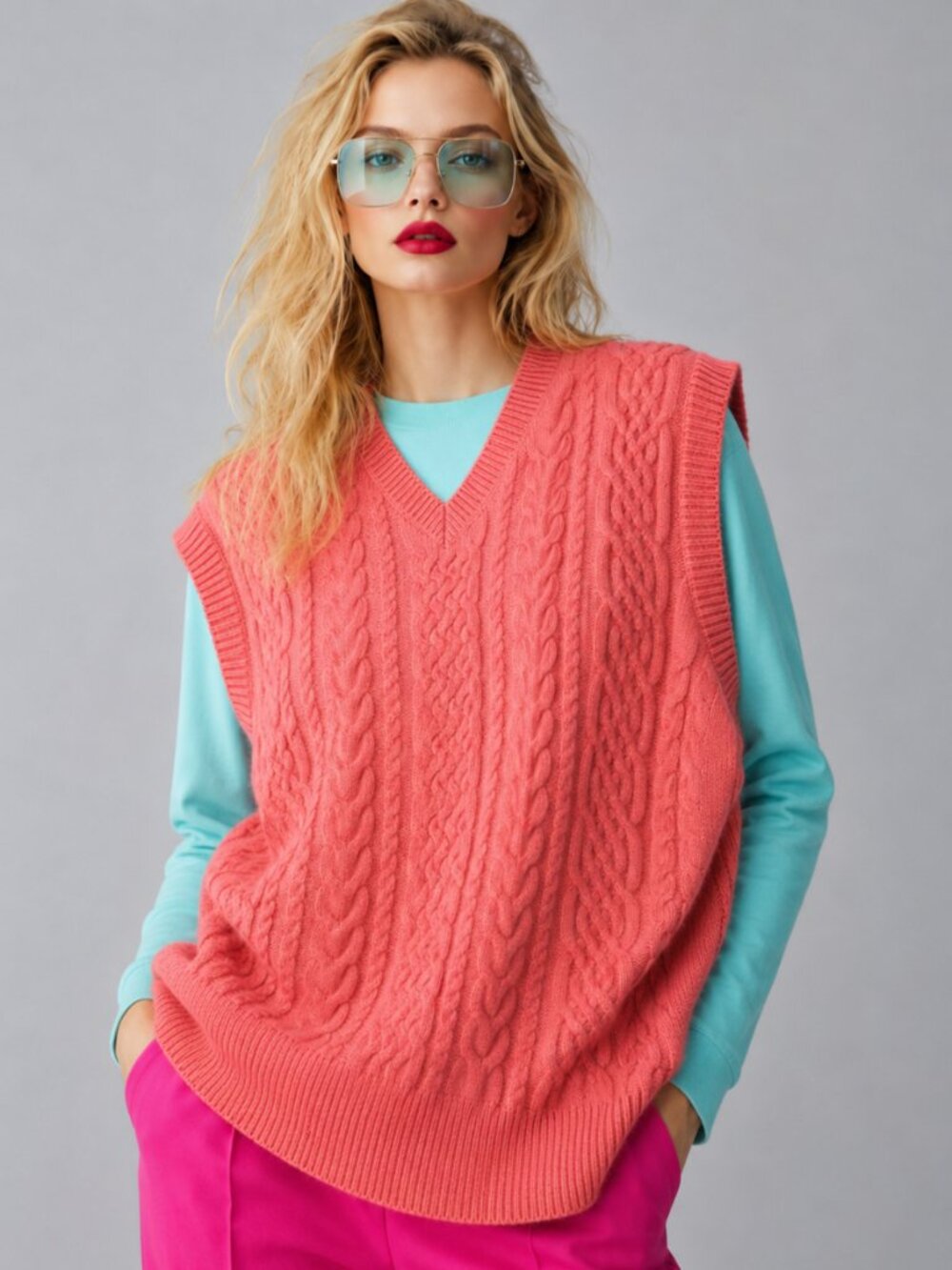 Cable Knit Oversized Sweater Vest Pink V-Neck Side Slits Boxy Y2K Preppy